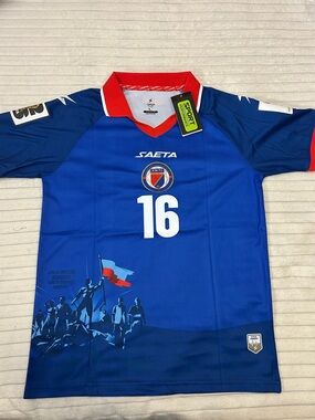 Men's Blue #16 Soccer Jersey with Red Collar